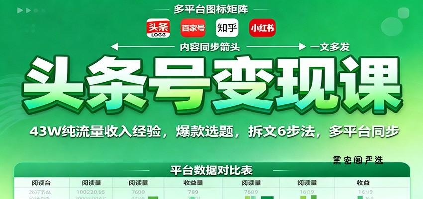 头条号变现课：43W纯流量收入经验，爆款选题，拆文6步法，多平台同步-HeiMiGe
