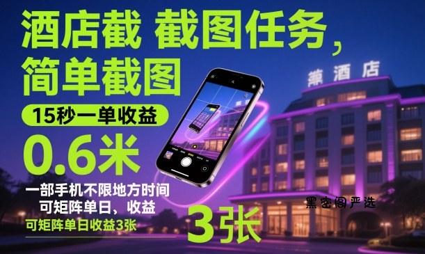 酒店截图任务,简单截图,15秒一单收益0.6米,一部手机不限地方时间,可矩阵单日收益3张【揭秘】-HeiMiGe