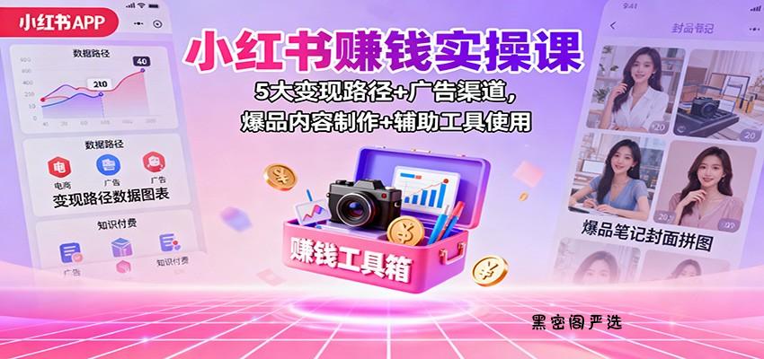 小红书赚钱实操课：5大变现路径+广告渠道，爆品内容制作+辅助工具使用-HeiMiGe