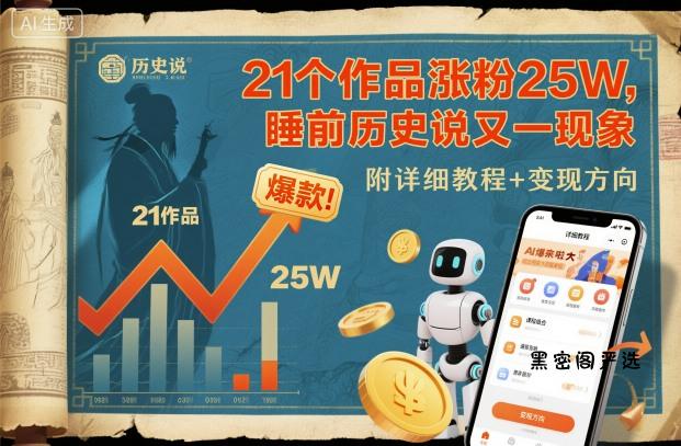 21个作品涨粉25W，睡前历史说又一现象级AI内容大爆款来啦，附详细教程+变现方向-HeiMiGe