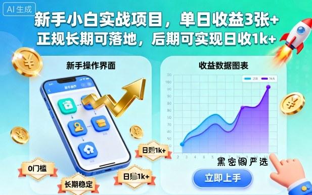 新手小白实战项目，单日收益3张+，正规长期可落地，后期可实现日收1k+【揭秘】-HeiMiGe