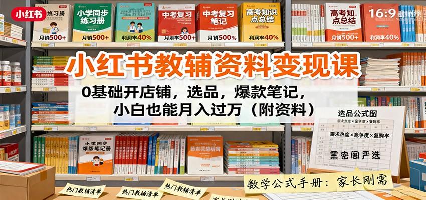 小红书教辅资料变现课：0基础开店铺，选品，爆款笔记，小白也能月入过万(附资料)-HeiMiGe