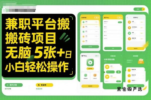 兼职平台搬砖项目无脑操作日入5张＋小白轻松操作-HeiMiGe
