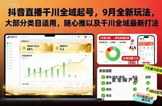 抖音直播千川全域起号，9月全新玩法，大部分类目适用，随心推以及千川全域最新打法-HeiMiGe