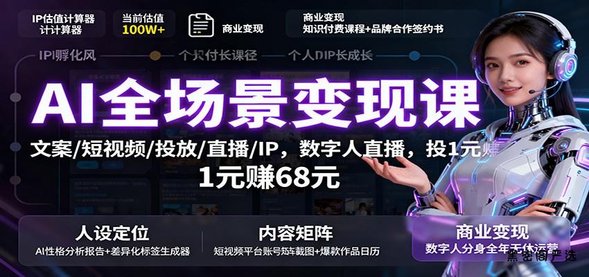 AI全场景变现课：文案/短视频/投放/直播/IP，数字人直播，投1元赚68元-HeiMiGe