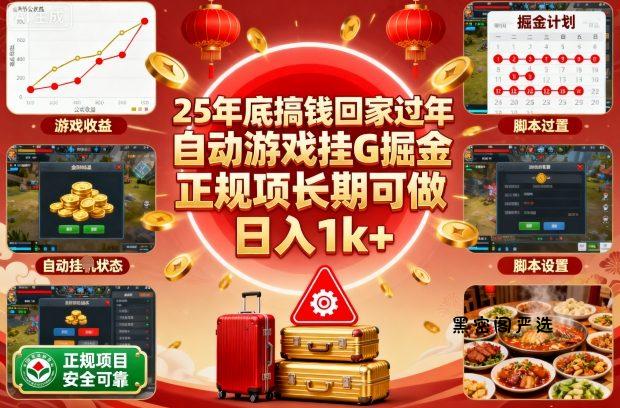 25年底搞钱回家过年，自动游戏挂G掘金，正规项长期可做，日入1k+【揭秘】-HeiMiGe