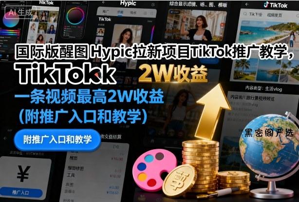 国际版醒图Hypic拉新项目TikTok推广教学，一条视频最高2W收益(附推广入口和教学)-HeiMiGe