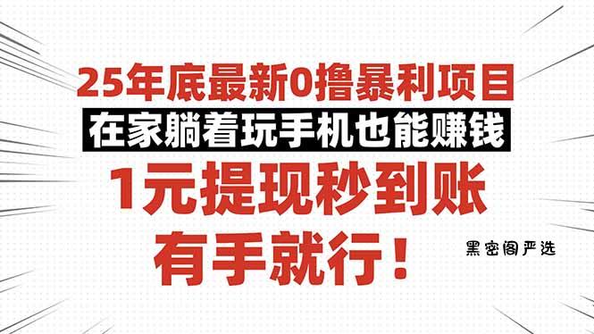 25年底最新0撸暴利项目，在家躺着玩手机也能赚钱，1元提现秒到账，有手...-HeiMiGe