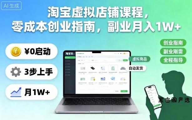淘宝虚拟店铺课程，零成本创业指南，副业月入1W+-HeiMiGe
