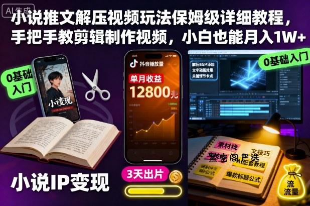 小说推文解压视频玩法保姆级详细教程，手把手教剪辑制作视频，小白也能月入1W+-HeiMiGe