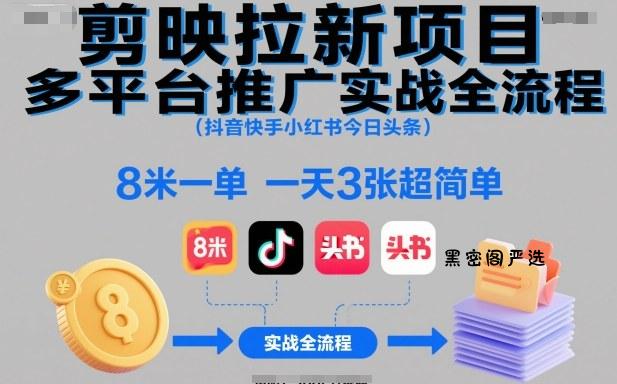 剪映拉新项目多平台推广实战全流程(抖音快手小红书今日头条)，8米一单，一天3张超简单-HeiMiGe