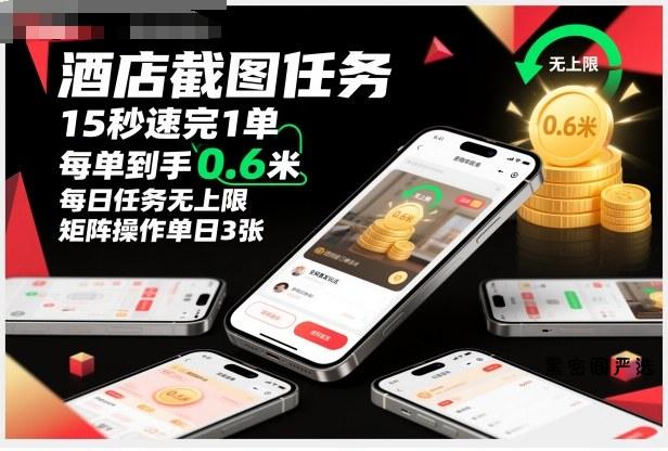 酒店截图任务，15秒速完1单，每单到手0.6米，每日任务无上限，全网首发玩法，矩阵操作单日3张【揭秘】-HeiMiGe