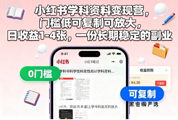 小红书学科资料变现营，门槛低可复制可放大，日收益1-4张，一份长期稳定的副业-HeiMiGe