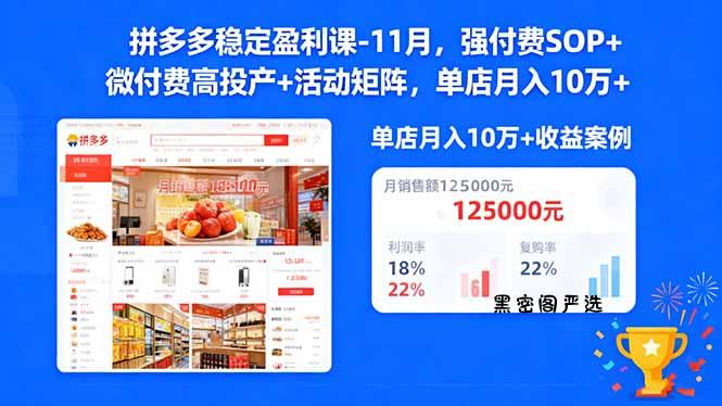 拼多多稳定盈利课-11月，强付费SOP+微付费高投产+活动矩阵，单店月入10w+-HeiMiGe