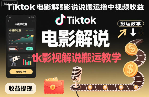 Tiktok电影解说搬运撸中视频收益，tk影视解说搬运教学-HeiMiGe