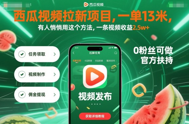 西瓜视频拉新项目，一单13米，有人悄悄用这个方法，一条视频收益2.5w+(附详细教程)-HeiMiGe