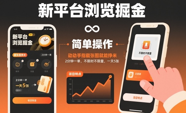 新平台浏览掘金，动动手指截张图就能挣米，2分钟一单，不限时不限量，一天5张【揭秘】-HeiMiGe