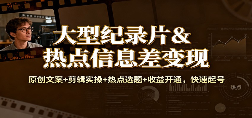 大型纪录片&热点信息差变现：原创文案+剪辑实操+热点选题+收益开通，快速起号-黑密阁