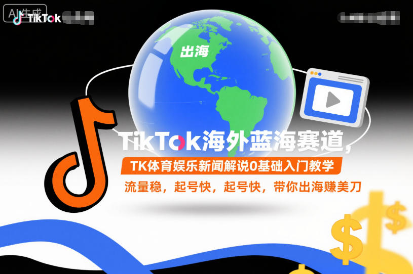 TikTok海外蓝海赛道,TK体育娱乐新闻解说0基础入门教学,流量稳,起号快,带你出海賺美刀-黑密阁