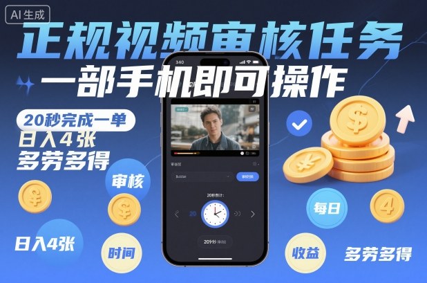 正规视频审核任务，一部手机即可操作，20秒完成一单，日入4张，多劳多得【揭秘】-黑密阁