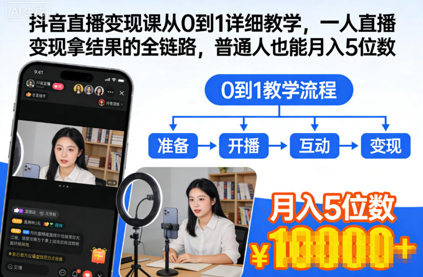 抖音直播变现课从0到1详细教学，一人直播变现拿结果的全链路，普通人也能月入5位数-黑密阁
