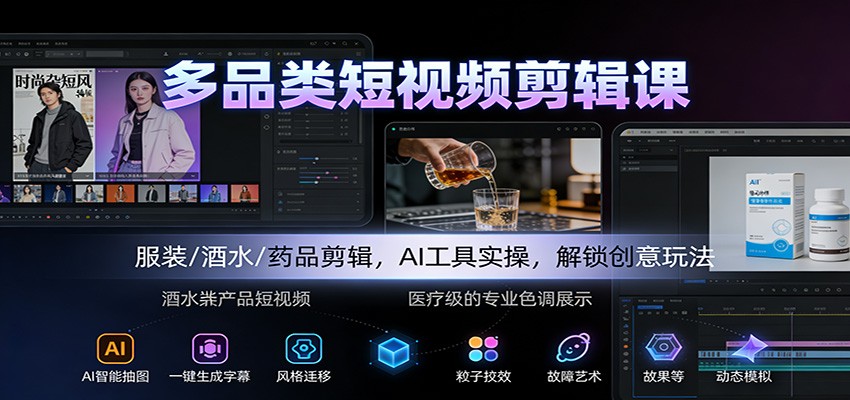 多品类短视频剪辑课：服装/酒水/药品剪辑，AI工具实操，解锁创意玩法-黑密阁