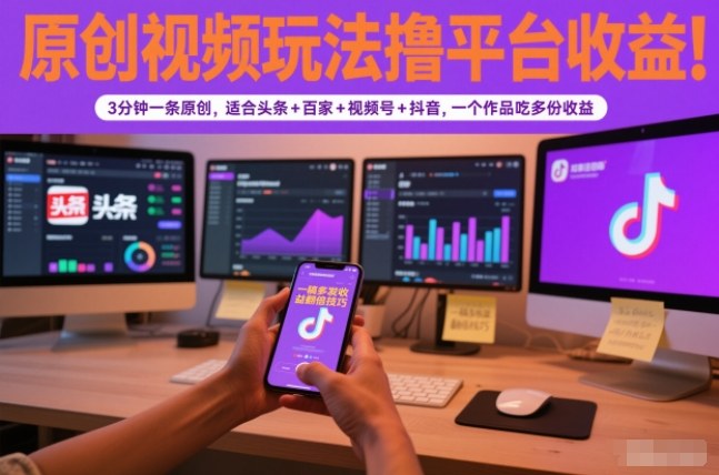 原创视频玩法撸平台收益,3分钟一条原创,适合头条+百家+视频号+抖音,一个作品吃多份收益-黑密阁