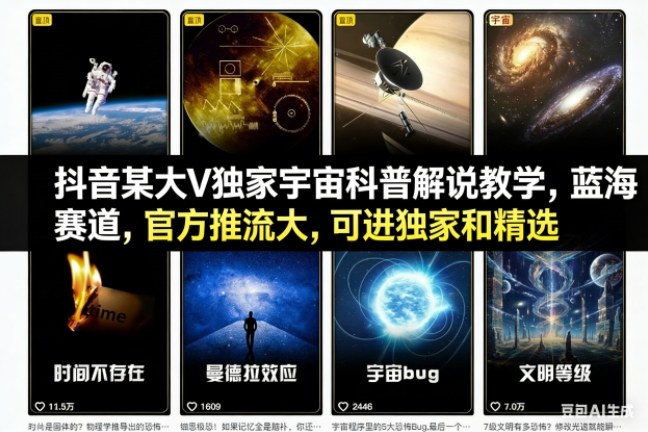 抖音某大V独家宇宙科普解说教学，蓝海赛道，官方推流大，可进独家和精选-黑密阁