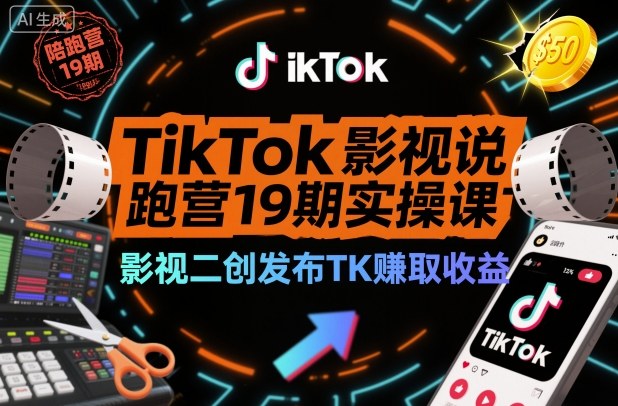 TikTok影视解说陪跑营19期实操课，影视二创发布TK賺取收益，万播收益50美金(更新)-黑密阁
