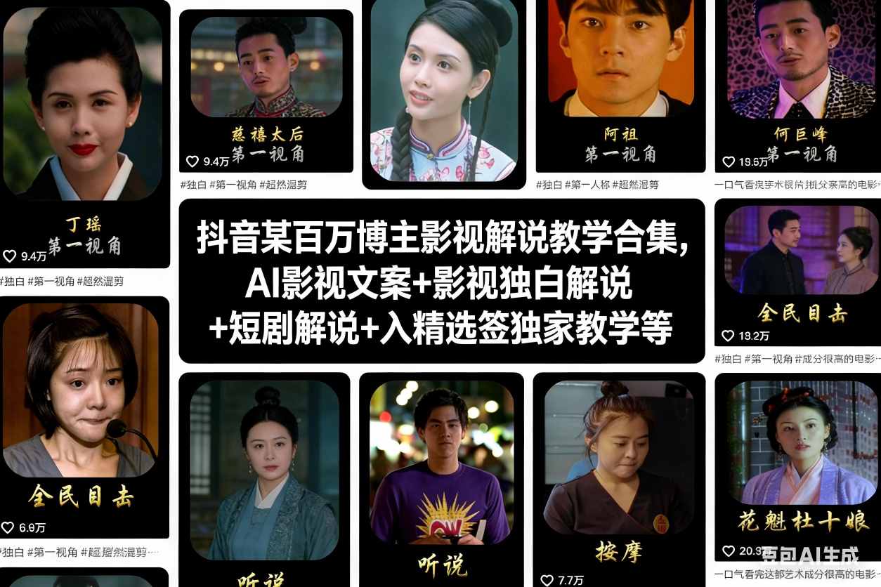 抖音某百万博主影视解说教学合集，AI影视文案+影视独白解说+短剧解说+入精选签独家教学等-黑密阁