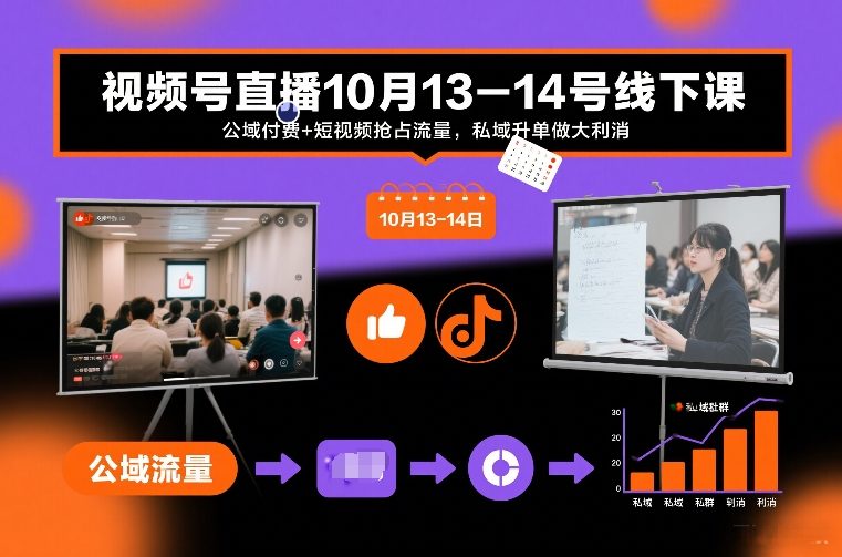 视频号直播10月13-14号线下课，公域付费+短视频抢占流量，私域升单做大利消-黑密阁