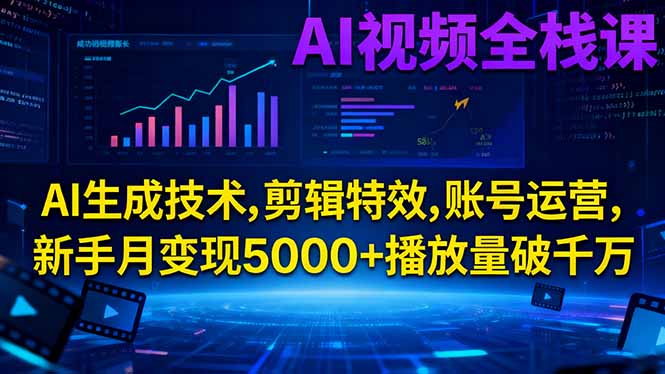 AI视频全栈课:AI生成技术,剪辑特效,账号运营,新手月变现5000+播放量破千万-黑密阁