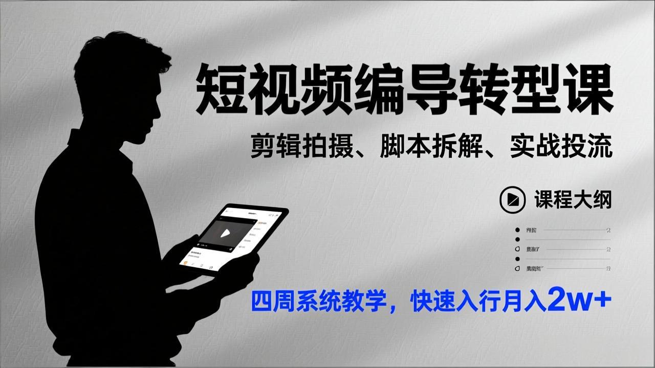 短视频编导转型课，剪辑拍摄、脚本拆解、实战投流，四周系统教学，快速入行月入2w+-黑密阁
