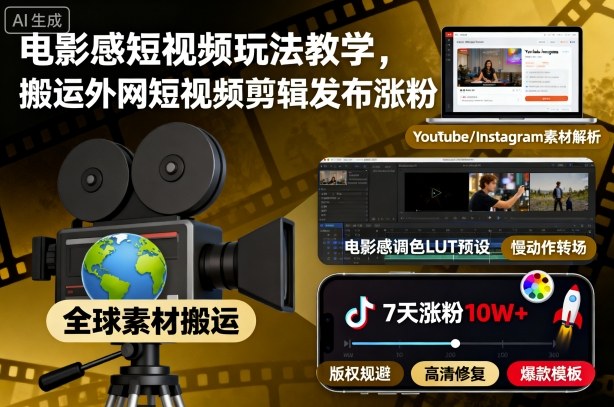 电影感短视频玩法教学，搬运外网短视频剪辑发布涨粉-黑密阁