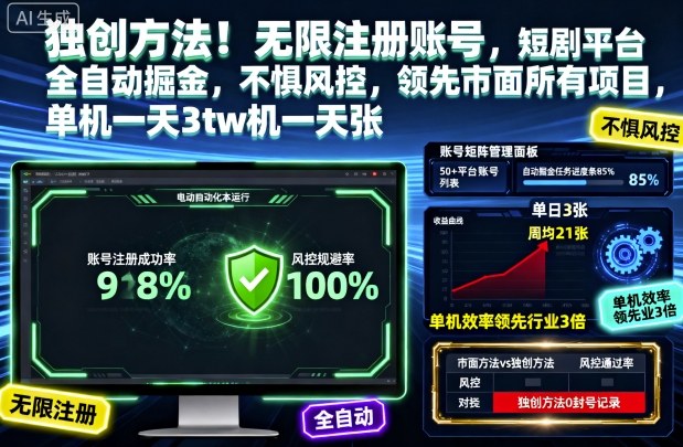 独创方法！无限注册账号，短剧平台全自动掘金，不惧风控，领先市面所有项目，单机一天3张【揭秘】-黑密阁