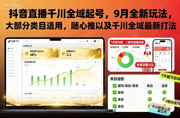 抖音直播千川全域起号,9月全新玩法,大部分类目适用,随心推以及千川全域最新打法-黑密阁