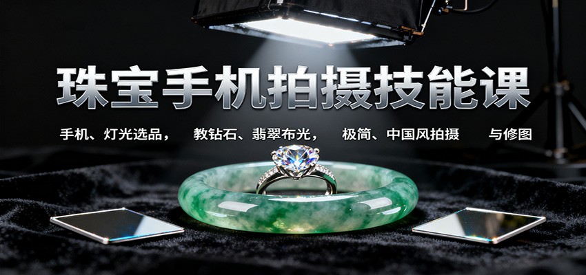 珠宝手机拍摄技能课:手机、 灯光选品，教钻石、翡翠布光，极简、中国风拍摄与修图-黑密阁