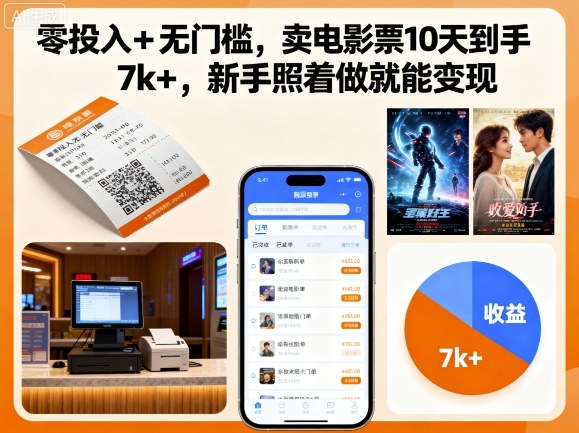 零投入+无门槛，卖电影票10天到手7k+，新手照着做就能变现【揭秘】-黑密阁