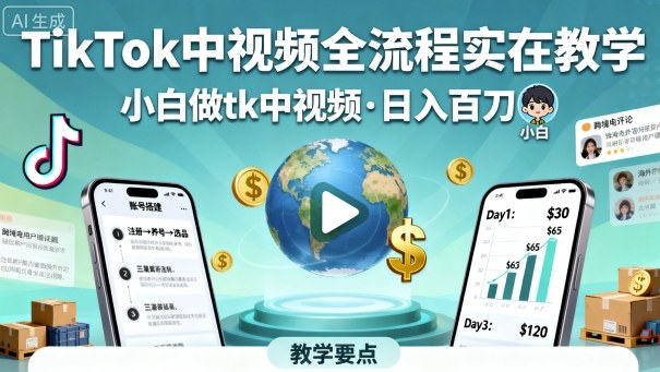 TikTok中视频全流程实操教学，小白做tk中视频，日入百刀-黑密阁