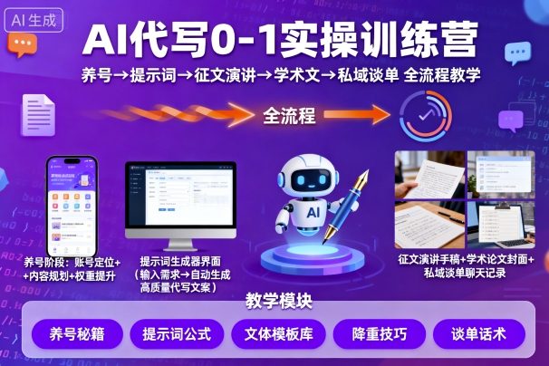 AI代写0-1实操训练营，从养号、提示词、征文演讲、学术文，到私域谈单的全流程教学-黑密阁