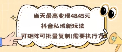 当天最高变现1k+，抖音私域新玩法，可矩阵可批量复制-黑密阁