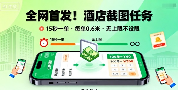 全网首发！酒店截图任务，15秒一单，每单0.6米，任务无上限不设限，矩阵操作单日3张到手【揭秘】-黑密阁