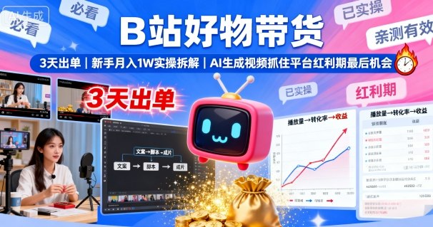 B站好物带货，3天出单，新手月入1W实操拆解，AI生成视频，抓住平台红利期最后机会-黑密阁