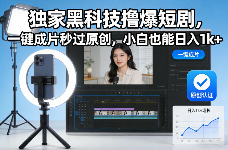 独家黑科技撸爆短剧，一键成片秒过原创，小白也能日入1k+【揭秘】-黑密阁