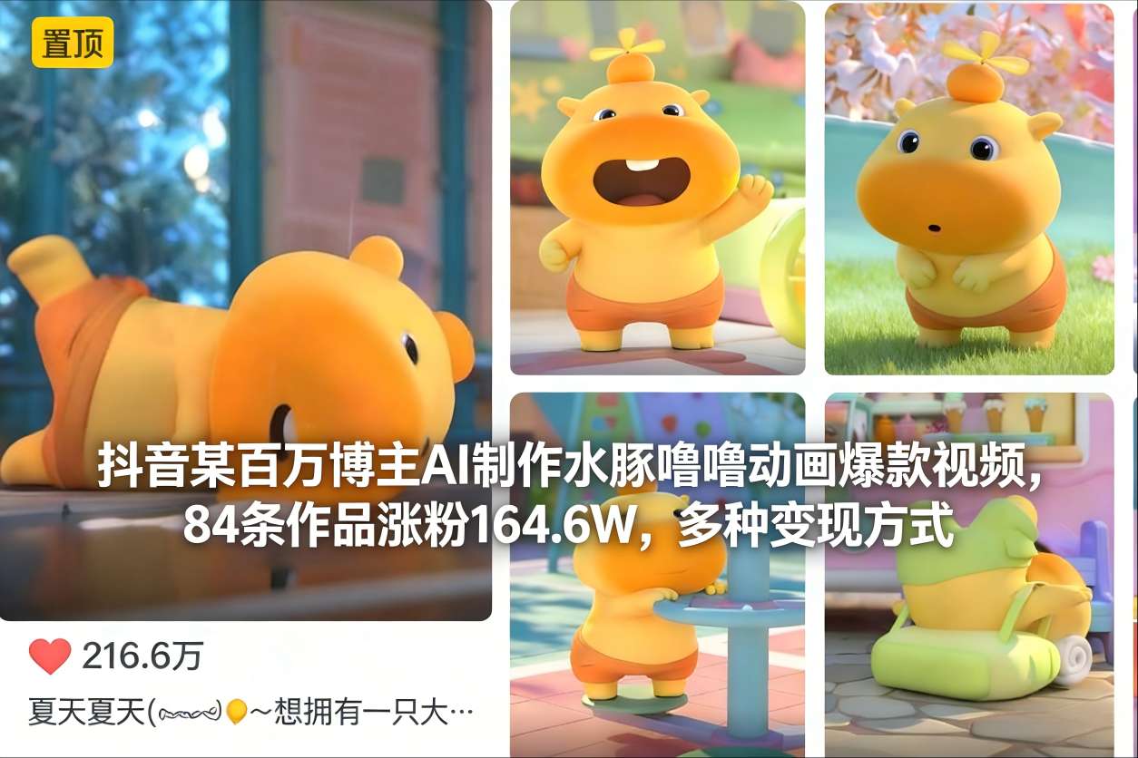 抖音某百万博主AI制作水豚噜噜动画爆款视频，84条作品涨粉164.6W，多种变现方式-黑密阁