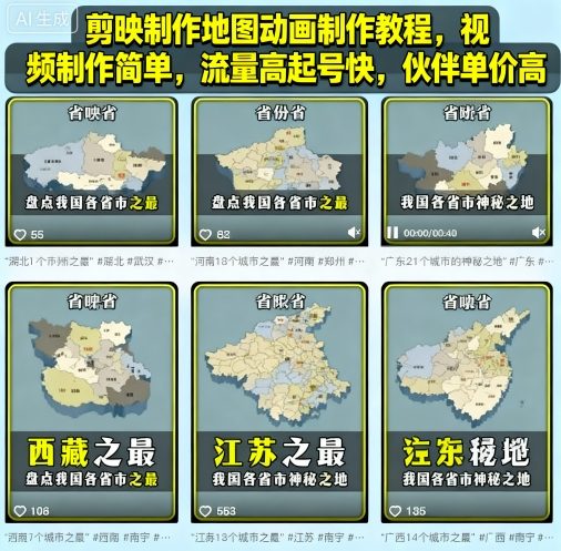 剪映制作地图动画制作教程，视频制作简单，流量高起号快，伙伴单价高-黑密阁