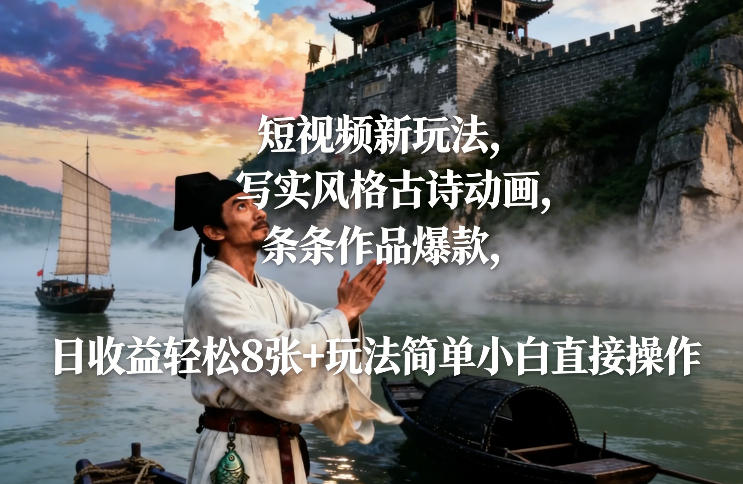 短视频新玩法，写实风格古诗动画，条条作品爆款，日收益轻松8张+玩法简单小白直接操作-黑密阁